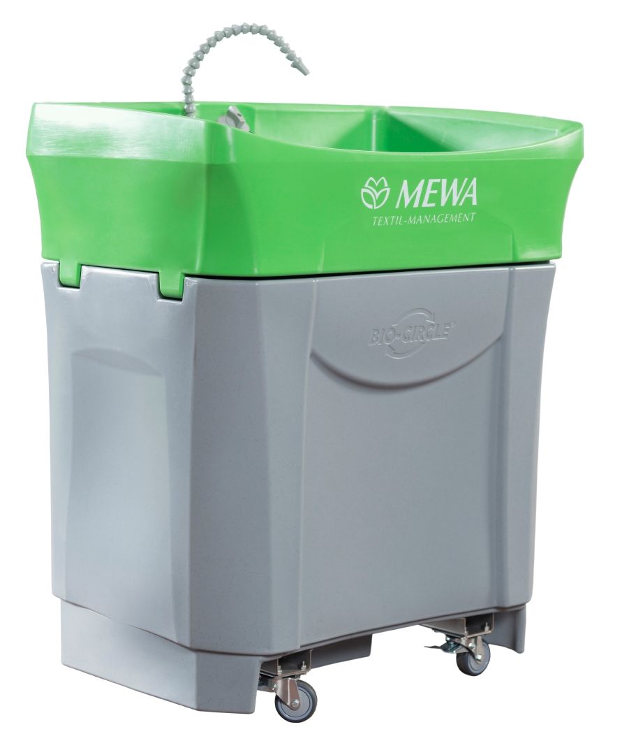 Mycí stůl MEWA Bio-Circle je k dostání v praktickém servisu pronájmu. Zákazníci mají na výběr z modelů MEWA Bio-Circle Mini GT (s kolečky) a MEWA Bio-Circle Maxi GT (s volitelnými kolečky).