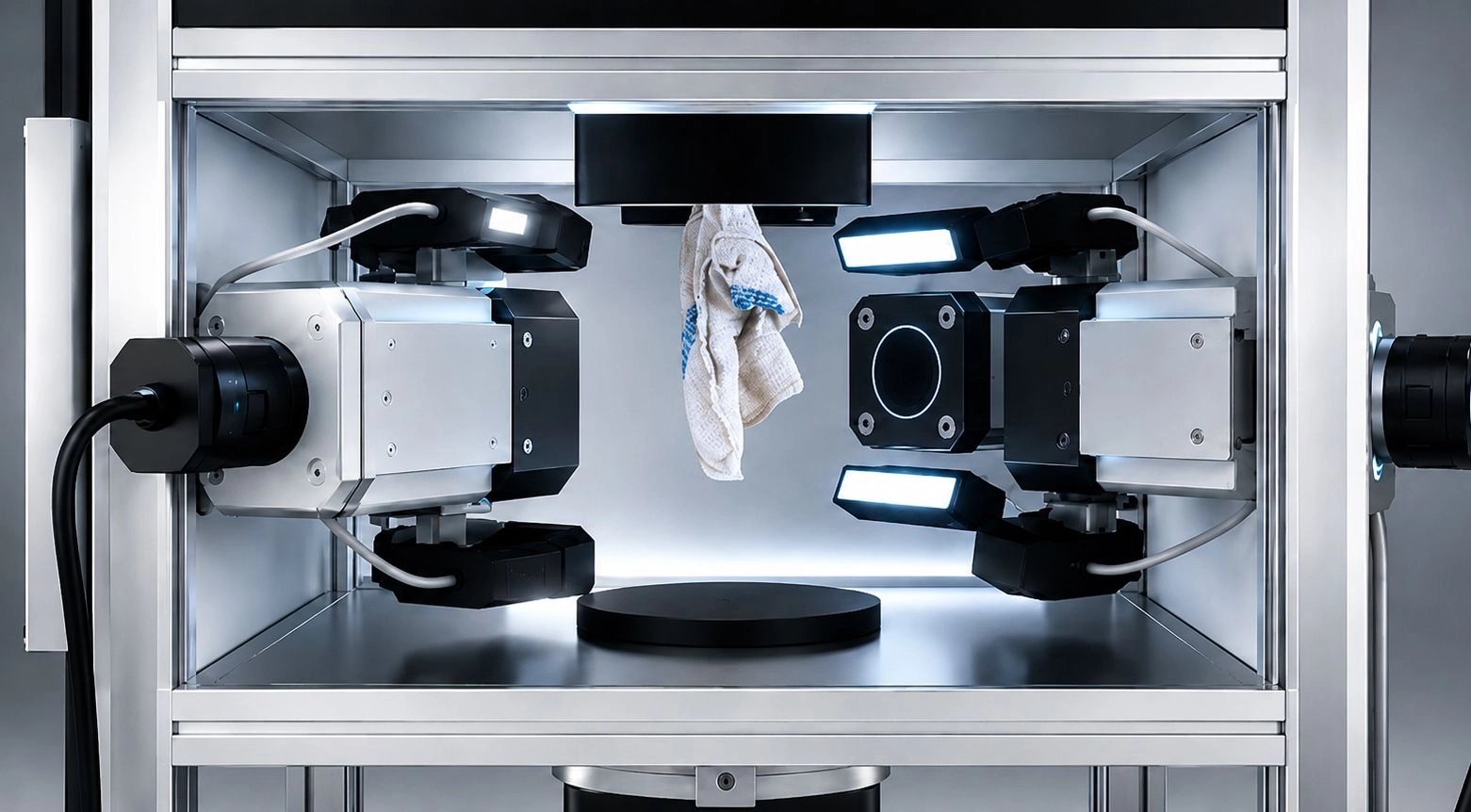 Dopo il lavaggio e l’asciugatura, un sistema di intelligenza artificiale analizza le immagini acquisite dalle telecamere per valutare categoria, qualità ed eventuali difetti dei panni per la pulizia. (Foto: Desion)